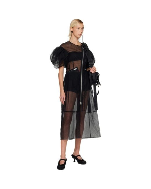 Simone Rocha Black Sheer Sculpted Petal Sleeve Biker Midi Dress