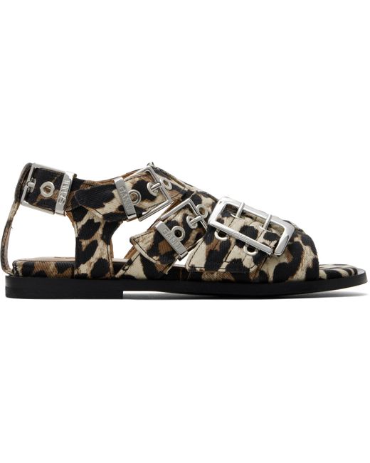 Ganni ベージュ＆ブラック Feminine Buckle ストラップ デニム サンダル Black