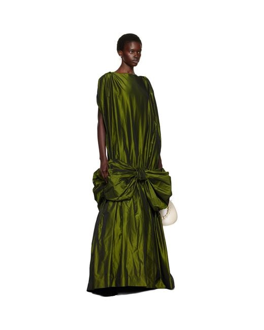 Simone Rocha Green Khaki Bow Hem Cascade Egg Maxi Dress