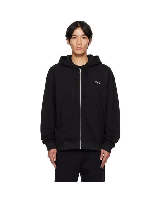 HUGO Black Relaxed-Fit Cotton Terry Zip-Up Hoodie for men