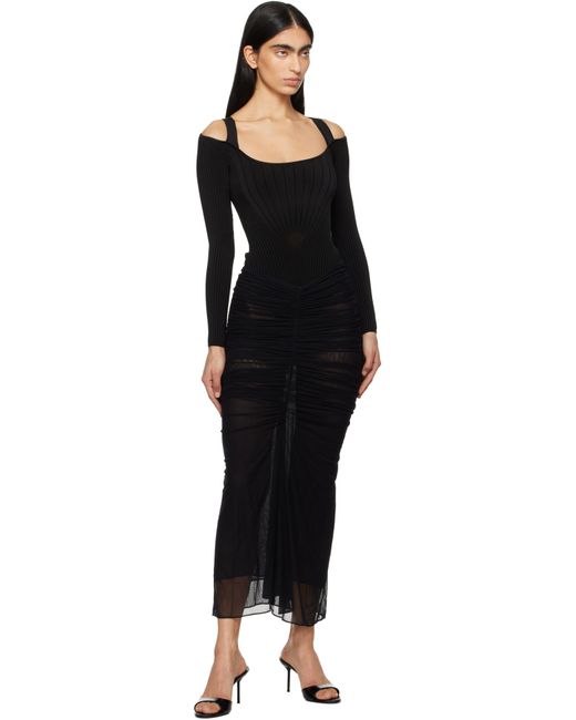 Mugler Black Ruched Mesh Midi Skirt