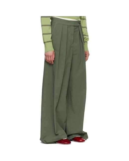 Dries Van Noten Green Khaki Wide Pleated Trousers