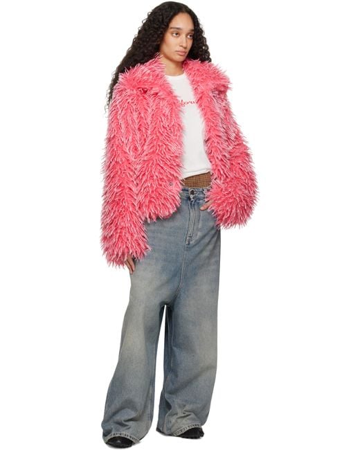 【関税込み】ERL ピンク Varsity フェイクファー ジャケット ERL: ピンク Varsity フェイクファー ジャケット | SSENSE 日本