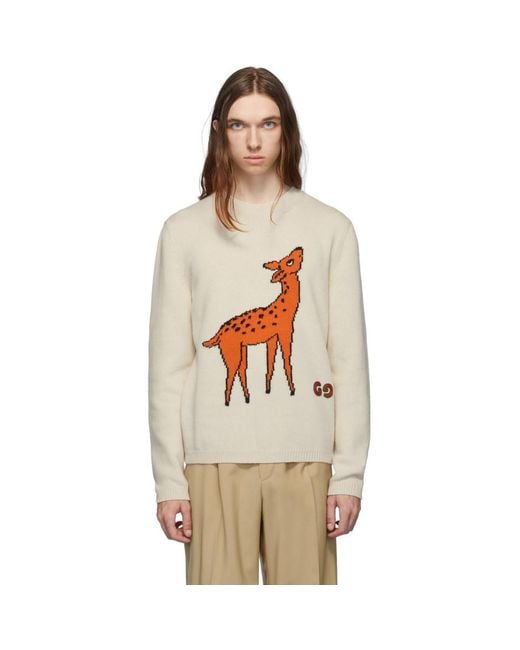Gucci White Beige GG Deer Sweater for men