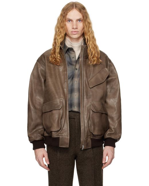 Auralee Brown Oversized Vegetable-Tanned Leather Zip Jacket for men