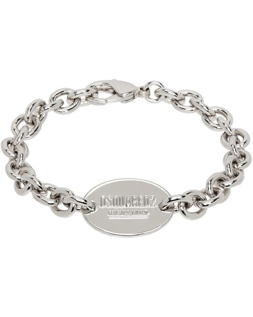 DSquared² Metallic Silver D2 Tag Chain Bracelet for men