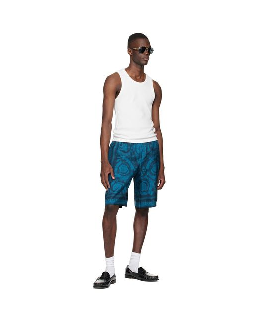 Versace Blue Barocco Silk Shorts for men
