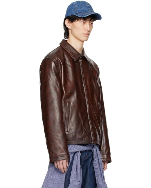 Acne Brown Zipper Leather Jacket for men