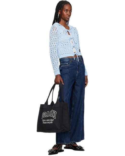 Ganni ブラック ラージ コントラストロゴ キャンバス トートバッグ Black