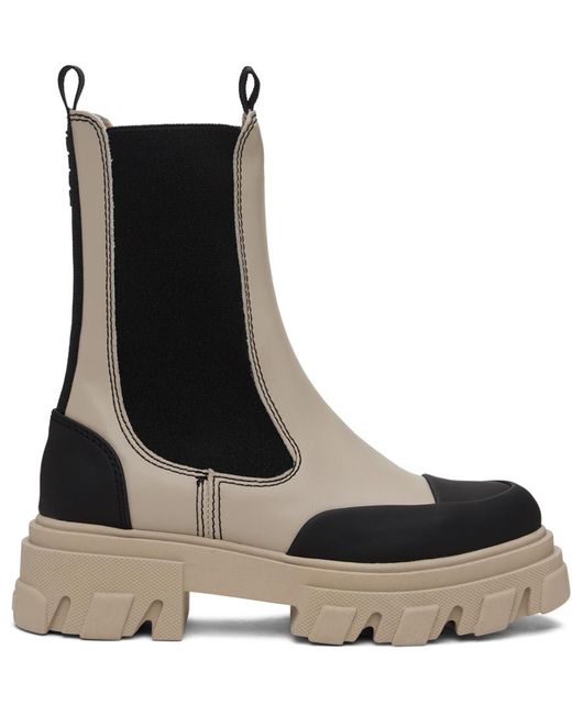 Ganni Black Taupe Cleated Mid Chelsea Boots