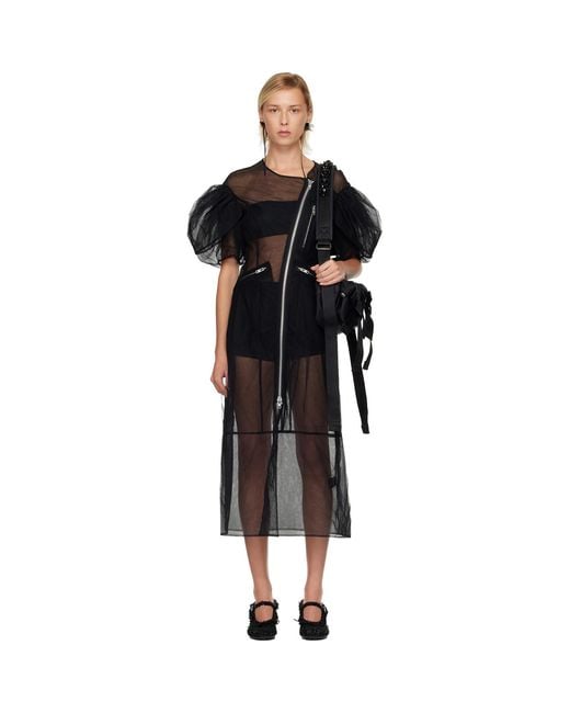 Simone Rocha Black Sheer Sculpted Petal Sleeve Biker Midi Dress