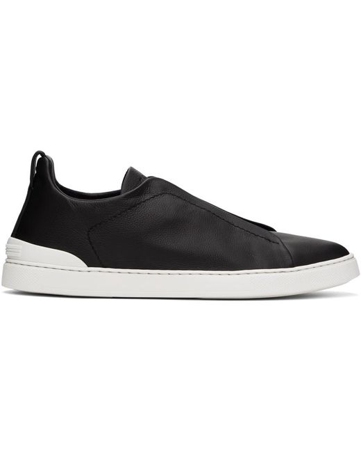 Zegna Black Leather Triple Stitch Sneakers for men