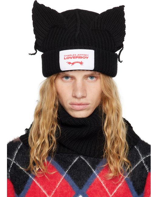 Charles Jeffrey Black Chunky Ears Beanie Scarf for men