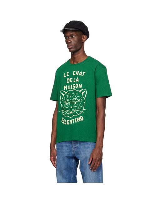 Valentino Green Cotton 'Le Chat De La Maison' Print T-Shirt for men