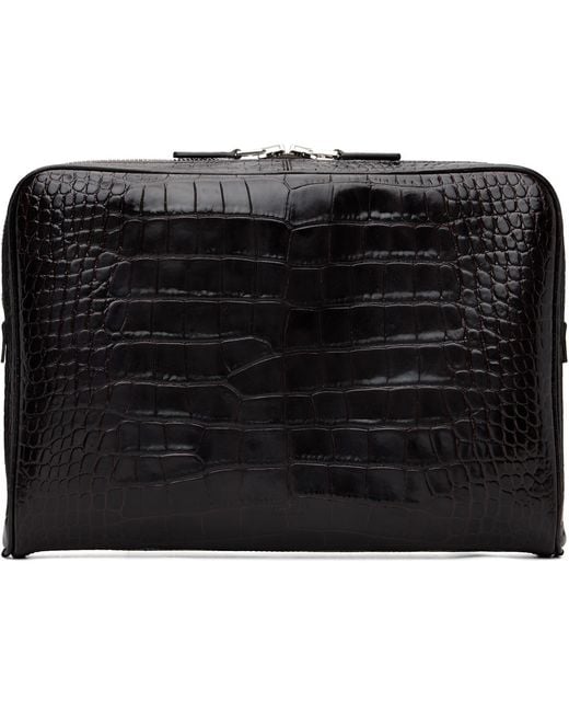 Tom Ford Black Shiny Printed Croc Minimal Laptop Pouch for men