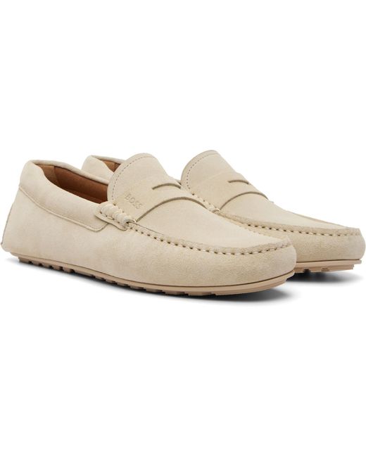 Boss White Off- Penny-Trim Suede Loafers for men
