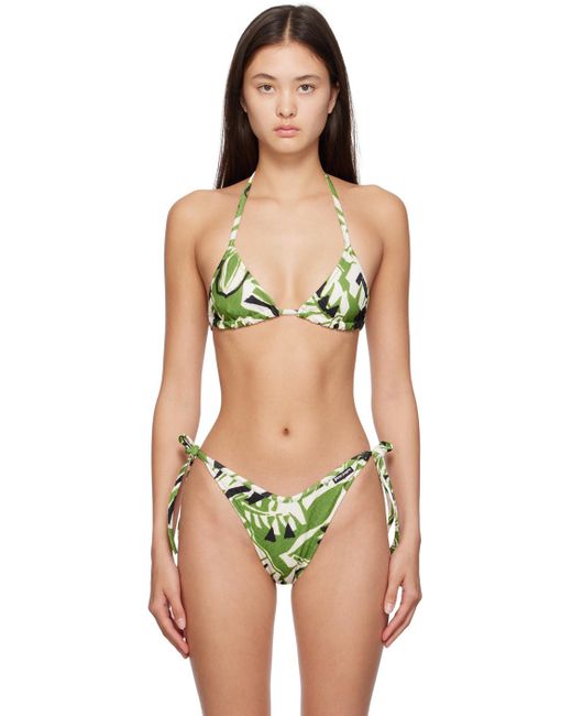 Palm Angels Black Green & White Hibiscus Bikini Top