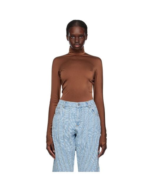 Mugler Blue Brown Mock Neck Bodysuit