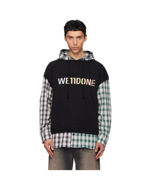 we11done Black Patchwork Layered Hoodie for men