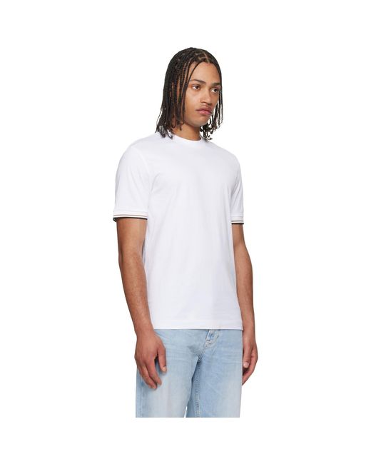 Boss White Cotton-Jersey Signature-Stripe Cuffs T-Shirt for men
