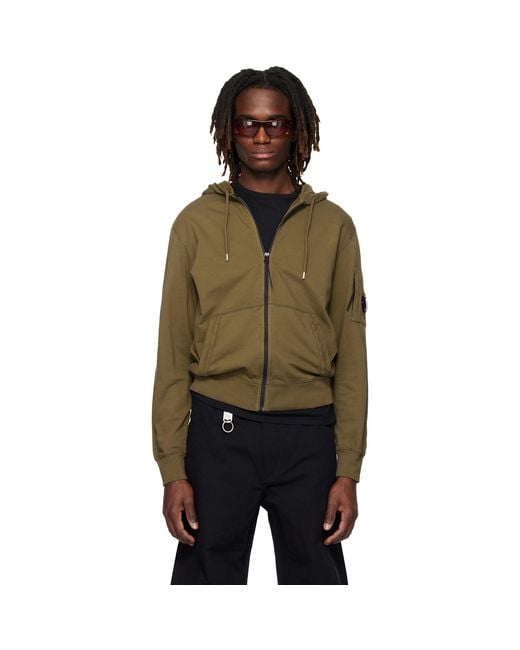 C P Company Black Khaki Light Fleece Zip Lens Hoodie for men