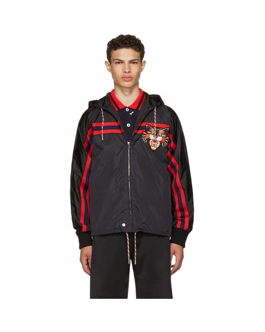 Gucci Black Nylon Windbreaker With Angry Cat Appliqué for men