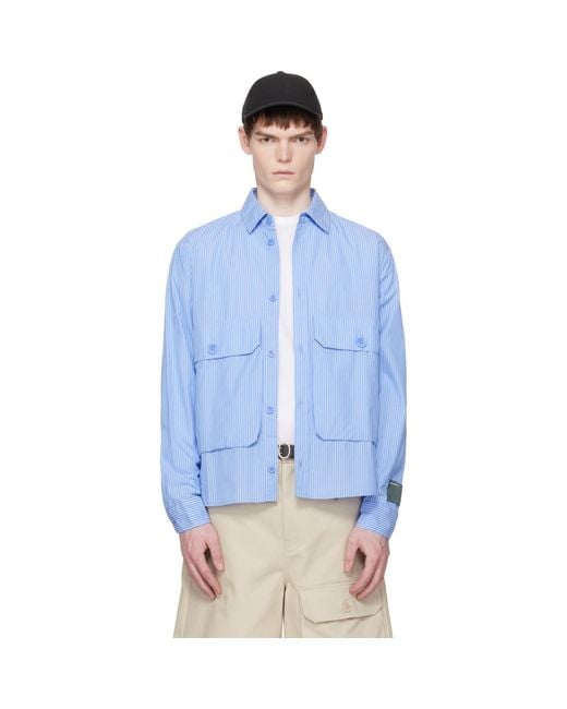 Reese Cooper Blue Cotton Chambray Cargo Button Down Shirt for men