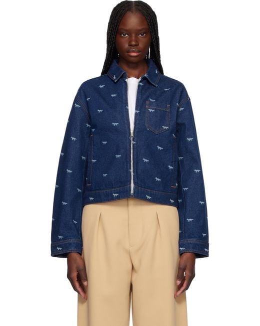 Maison Kitsuné Blue Zipped Cropped Denim Jacket