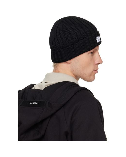 C P Company Black Extrafine Merino Wool Logo Beanie for men