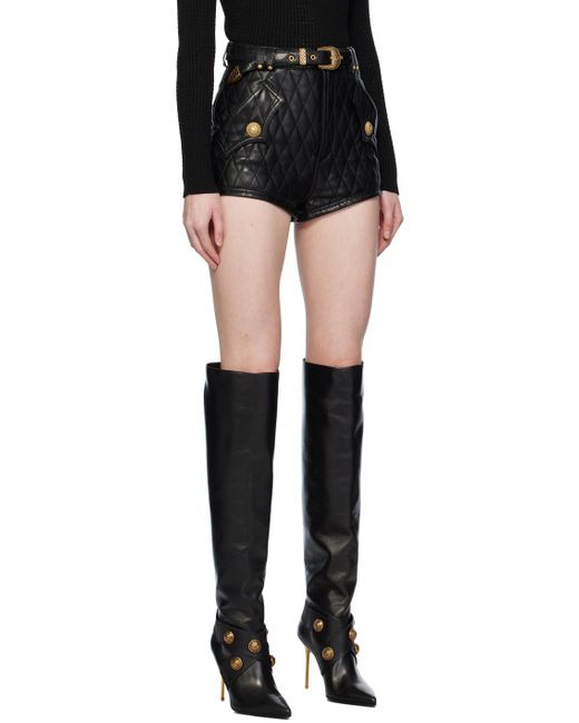 Balmain Black Quilted Leather Shorts