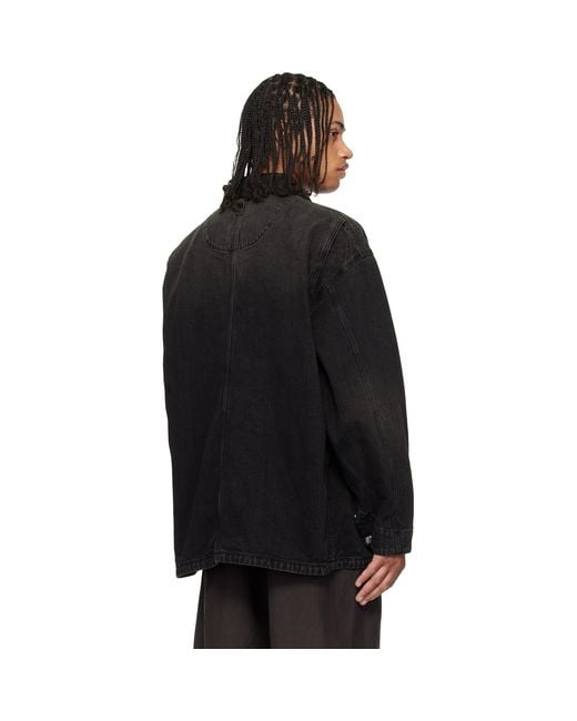 Wooyoungmi Black Leather Collar Tin-Washed Denim Coat for men