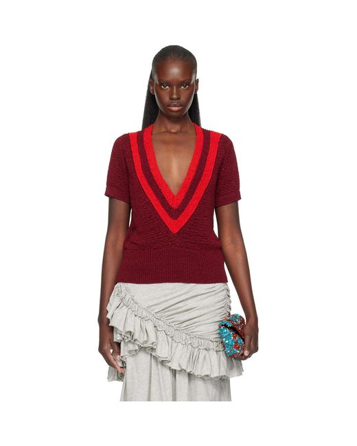 Dries Van Noten Red Burgundy V-Neck Knit Sweater