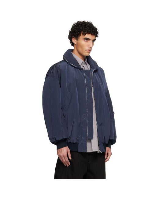 Hed Mayner Blue Crinkled Bomber Jacket for men