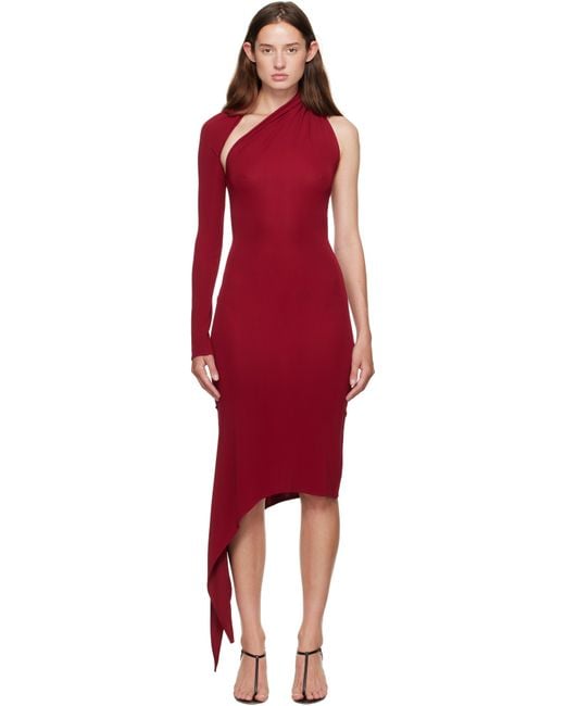 Courreges Red Burgundy One Shoulder Crepe Jersey Midi Dress