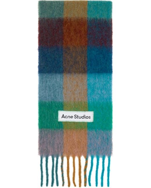 Acne Blue Appliquéd Fringed Checked Brushed-knit Scarf
