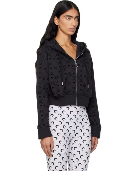 MARINE SERRE Black Moonogram Flocked Fleece Cropped Zipped Hoodie