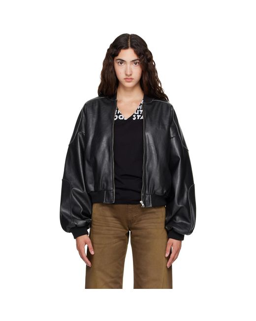 MM6 by Maison Margiela Black Rib-Knit Trim Faux-Leather Bomber Jacket