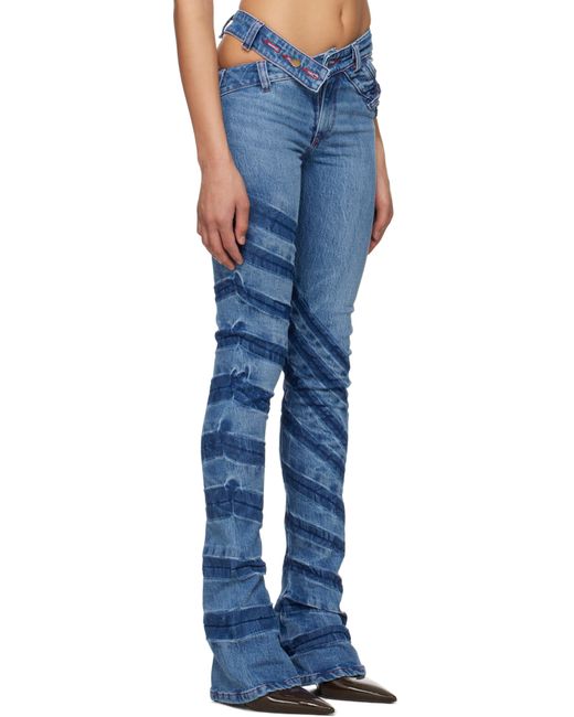 MASHA POPOVA Blue Stripe Bias Cut Bell Bottom Jeans