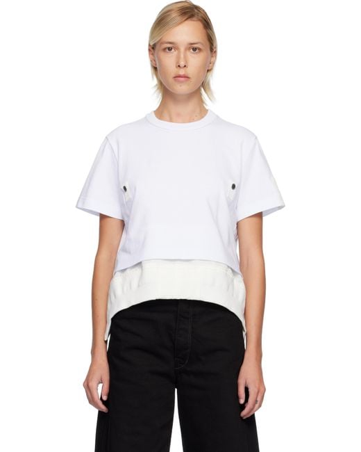 Sacai White Off- Cotton Jersey & Nylon Twill T-Shirt