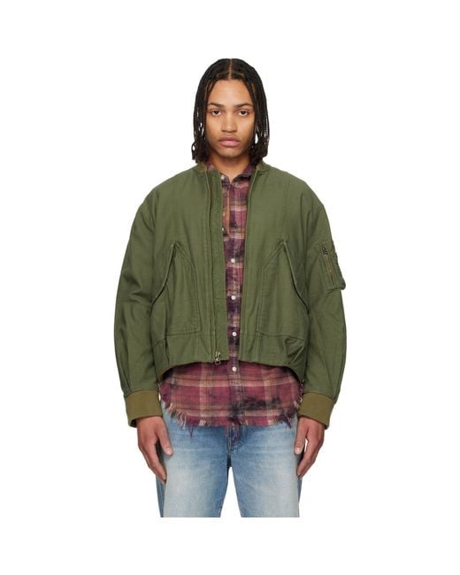 R13 Green Khaki Bubble Bomber Jacket for men