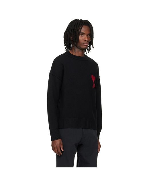 AMI Black Wool Contrasted Ami De Coeur Crewneck Sweater for men