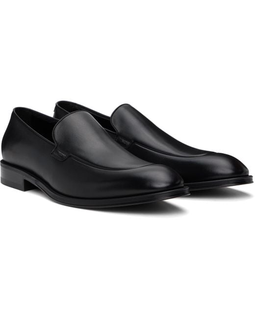Boss Black Leather Apron Toe Loafers for men