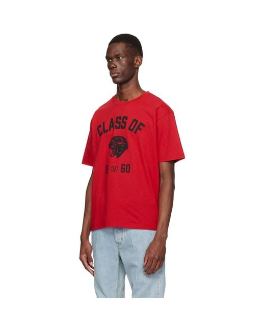Valentino Red Cotton Panther 'Class Of 1960' Print T-Shirt for men