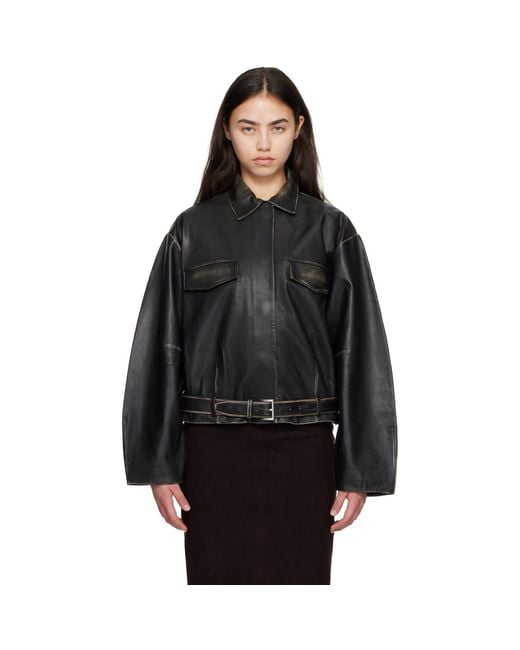St. Agni Black Brushed Belted Leather Jacket