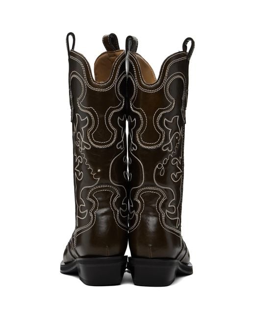 Ganni Brown Mid Shaft Embroidered Western Boots
