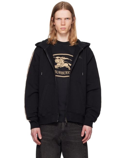 Burberry Black Check Trim Cotton Zip Hoodie for men