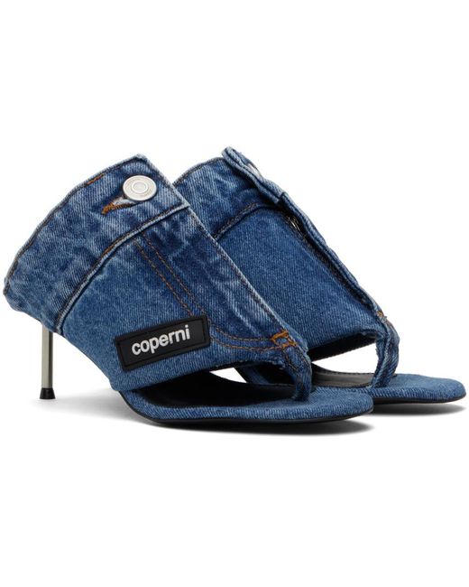 Sandales à talon aiguille bleues en denim à bride de style tong Coperni en coloris Blue