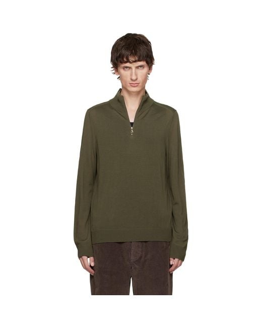 Paul Smith Green Khaki Merino Wool Half-Zip Sweater for men