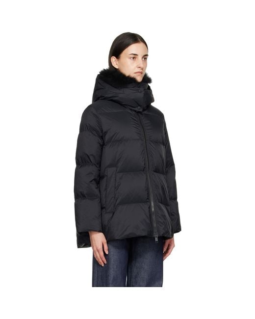 Yves Salomon Black Waterproof Technical Lambswool Trim A-Line Down Jacket