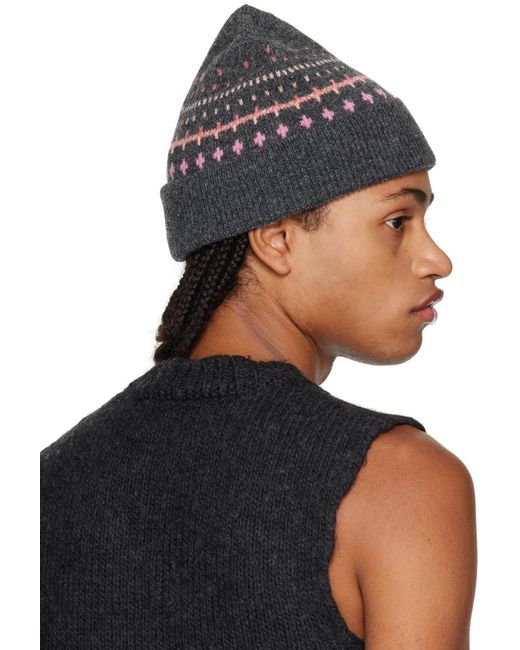Our Legacy Black Gray Faux Isle Knit Beanie for men